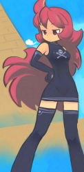 Rule 34 | elbow gloves, gloves, long hair, okera, red eyes, red hair, skull and crossbones, solo, thighhighs, zettai ryouiki