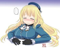 Rule 34 | ..., 1girl, atago (kancolle), black gloves, blonde hair, blue hat, blush, bow, bowtie, breasts, closed eyes, closed mouth, ebifly, fur trim, gloves, hat, kantai collection, large breasts, long hair, long sleeves, signature, solo, speech bubble, spoken ellipsis, stuck, upper body, white bow, white bowtie