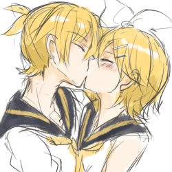 Rule 34 | 1boy, 1girl, blonde hair, brother and sister, closed eyes, couple, hair ornament, hairclip, hetero, incest, kagamine len, kagamine rin, kiss, natsu (natume0504), short hair, siblings, simple background, sketch, twincest, twins, vocaloid, white background
