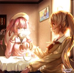 Rule 34 | 2girls, ahoge, backlighting, bookshelf, brown eyes, commentary request, covered mouth, cup, drinking, eye contact, hair ribbon, hair tie, harusame (kancolle), highres, indoors, kantai collection, long hair, looking at another, multiple girls, murasame (kancolle), neckerchief, open mouth, photo (object), picture frame, pink eyes, profile, ribbon, saucer, school uniform, serafuku, shiratsuyu (kancolle), side ponytail, sidelocks, signature, spoon, sweater, table, teacup, tranquillity650, very long hair, window