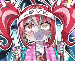 1girl ahoge blush colored_skin fangs glowstick grey_skin headband heart heart_tattoo heterochromia highres holding holding_glowstick hololive hololive_indonesia jewelry kukie-nyan kureiji_ollie kureiji_ollie_(5th_costume) red_hair ring stitched_face stitches tattoo towel towel_around_neck twintails virtual_youtuber white_headband