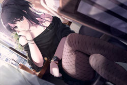 Rule 34 | 1girl, bare shoulders, black dress, black eyes, black hair, blurry, bracelet, brown pantyhose, chair, closed mouth, commentary request, crossed legs, cup, depth of field, dress, drinking glass, drinking straw, dutch angle, fed (giba), fishnet pantyhose, fishnets, head rest, highres, idolmaster, idolmaster shiny colors, jewelry, kazano hiori, lens flare, light particles, long hair, looking at viewer, mole, mole under mouth, off-shoulder dress, off shoulder, pantyhose, sidelocks, sitting, solo focus, watch, wristwatch