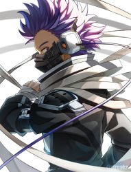Rule 34 | 1boy, armband, audio jack, bags under eyes, blurry, boku no hero academia, depth of field, drop shadow, forehead, from behind, head down, holding, holding weapon, jumpsuit, looking at viewer, looking back, male focus, mask, messy hair, mouth mask, purple eyes, purple hair, scarf, shadow, shinsou hitoshi, short hair, shoulder pads, sideways glance, solo, spiked hair, strap, tonbanlove, twitter username, upper body, weapon, white background