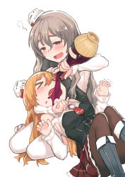 Rule 34 | &gt; &lt;, 10s, 2girls, :d, alcohol, ascot, bad id, bad pixiv id, bare shoulders, black footwear, blonde hair, blush, boots, bottle, bow, breasts, brown hair, brown legwear, closed eyes, clothing cutout, commentary, drinking, drunk, eyebrows, feeding, force-feeding, forced drinking, garter straps, hair between eyes, half-closed eyes, hat, hat bow, head grab, hiccup, highres, holding, holding bottle, kantai collection, knee boots, kylin, large breasts, long sleeves, lying, mini hat, miniskirt, motion lines, multiple girls, on back, open mouth, pantyhose, pola (kancolle), pouring, red bow, red skirt, red wine, side cutout, simple background, sitting, skirt, smile, thick eyebrows, thighhighs, trembling, white background, white hat, wince, wine, wine bottle, yokozuwari, zara (kancolle)