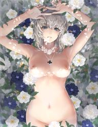 Rule 34 | 1girl, absurdres, armpits, arms up, blue eyes, breasts, chain, chain necklace, completely nude, convenient censoring, cross, flower, flower censor, girls und panzer, grey hair, highres, huge filesize, itsumi erika, jewelry, looking at viewer, lying, medium breasts, navel, necklace, nipples, nude, on back, oshiri seijin, parted lips, solo, yonic symbol