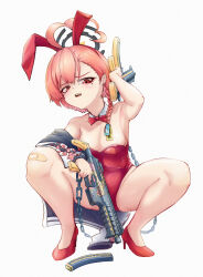 Rule 34 | 1girl, ahoge, animal ears, bandaid, bandaid on knee, bandaid on leg, blue archive, bow, bowtie, braid, chain, detached collar, fake animal ears, gun, halo, high heels, highres, huge ahoge, jacket, leotard, looking at viewer, mole, mole under each eye, mole under eye, multiple moles, neru (blue archive), neru (bunny) (blue archive), orange hair, oversized breast cup, playboy bunny, print jacket, rabbit ears, rabbit tail, red bow, red bowtie, red eyes, red footwear, red leotard, sig mpx, simple background, single braid, solo, squatting, strapless, strapless leotard, submachine gun, sukajan, tag, tail, uncleduk, weapon, white background