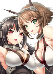Rule 34 | 10s, 2girls, :p, bare shoulders, black hair, blush, breasts, brown hair, cleavage, gloves, green eyes, headgear, kantai collection, kase daiki, large breasts, long hair, looking at viewer, multiple girls, mutsu (kancolle), nagato (kancolle), open mouth, red eyes, revision, tongue, tongue out
