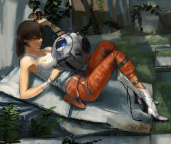 Rule 34 | 1girl, bandages, bare shoulders, boots, brown hair, chell, clothes writing, closed eyes, grass, jumpsuit, long hair, lying, on back, personality core, ponytail, portal, portal (series), portal 1, portal 2, sage (mami1210), valve, wheatley