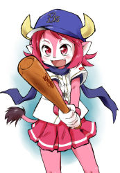 Rule 34 | 1girl, bad id, bad pixiv id, baseball cap, baseball jersey, buffalo bell, clothes writing, female focus, gloves, gradient background, hat, highres, horns, jersey, konkon, mascot, nippon professional baseball, open mouth, orix buffaloes, pink eyes, pink hair, pink theme, pleated skirt, short hair, skirt, smile, solo, tail, white background