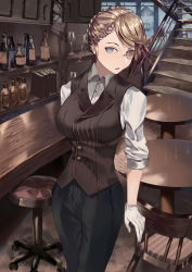 Rule 34 | 1girl, absurdres, alcohol, alternate costume, bad id, bad pixiv id, bar (place), bench, blonde hair, blouse, blue eyes, blush, book, bottle, braid, braided bangs, breasts, brown vest, collared shirt, crown braid, cup, drinking glass, french braid, g36 (girls&#039; frontline), girls&#039; frontline, gloves, hair between eyes, highres, indoors, long hair, looking at viewer, medium breasts, monocle, open mouth, pants, shirt, sidelocks, single glove, sleeves rolled up, solo, stairs, stool, table, tuan yi, umbrella, vest, white gloves, white shirt, window