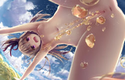 Rule 34 | 1girl, 3:, all fours, anus, ass, bad id, bad pixiv id, blue sky, breasts, brown hair, cloud, cloudy sky, day, dutch angle, female pubic hair, hair ribbon, highres, long hair, looking at viewer, missile228, nipples, nude, ocean, one side up, open mouth, original, outdoors, pee, peeing, pubic hair, purple eyes, purple ribbon, pussy, ribbon, sky, small breasts, solo, uncensored, water, water drop