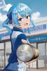 Rule 34 | 1girl, absurdres, blue eyes, blue hair, blue shirt, blush, can, canned coffee, cloud, commentary, convenience store, day, drink can, employee uniform, giving up the ghost, highres, holding, holding can, hololive, hoshimachi suisei, lawson, looking at viewer, open mouth, outdoors, ryoya, shirt, shop, solo, star (symbol), star in eye, striped clothes, striped shirt, symbol in eye, uniform, vertical-striped clothes, vertical-striped shirt, virtual youtuber