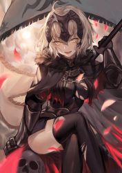Rule 34 | 1girl, :d, absurdres, ahoge, akalee, armor, armored dress, banner, black dress, black thighhighs, crossed legs, dress, fate/grand order, fate (series), faulds, gauntlets, hair between eyes, headpiece, highres, holding, jeanne d&#039;arc (fate), jeanne d&#039;arc alter (avenger) (fate), jeanne d&#039;arc alter (fate), looking at viewer, open mouth, petals, short hair, silver hair, sitting, skull, smile, solo, thighhighs, torn clothes, torn dress, torn thighhighs, yellow eyes, zettai ryouiki