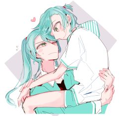 Rule 34 | 2girls, alternate hairstyle, aqua hair, arms around neck, bang dream!, blue hair, blush, carrying, face-to-face, forehead-to-forehead, green eyes, heads together, heart, highres, hikawa hina, hikawa sayo, holding person, incest, long hair, looking at another, multiple girls, one eye closed, ponytail, short hair, short ponytail, siblings, sisters, smile, twins, yuri