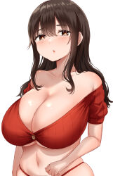 Rule 34 | 1girl, black hair, breasts, brown eyes, cleavage, collarbone, commentary request, hair between eyes, highres, large breasts, long hair, looking at viewer, moruta (sunu-pio), navel, open mouth, original, panties, red panties, red shirt, shirt, short sleeves, sidelocks, simple background, solo, standing, underwear, upper body, white background