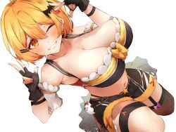 Rule 34 | 1girl, arm garter, blonde hair, blush, bob cut, breasts, cleavage, detached sleeves, fingerless gloves, frills, garter straps, gloves, hair ornament, hairclip, highres, hololive, large breasts, looking at viewer, multicolored hair, navel, revealing clothes, short hair, single thighhigh, smile, solo, thigh strap, thighhighs, virtual youtuber, white background, yellow eyes, yozora mel, yozora mel (2nd costume), yukirei