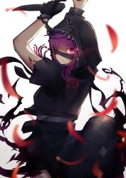 Rule 34 | 1girl, arknights, black gloves, black shirt, black skirt, blindfold, blindfold pull, braid, chain, commentary, demon horns, facing away, gloves, hands up, highres, hood, hood up, horns, lava (arknights), lava the purgatory (arknights), looking at viewer, looking back, material growth, official alternate costume, oripathy lesion (arknights), purple eyes, purple hair, shirt, single glove, skirt, solo, torikaze ito, white background