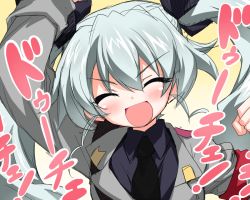 Rule 34 | 10s, 1girl, :d, ^ ^, anchovy (girls und panzer), arm up, bad id, bad pixiv id, black shirt, blush, closed eyes, dress shirt, closed eyes, girls und panzer, green hair, grey jacket, jacket, long sleeves, military, military uniform, necktie, open mouth, shirt, smile, solo, take shinobu, twintails, uniform, upper body