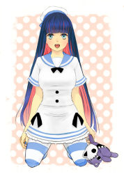 Rule 34 | 10s, 1girl, :o, beret, blue nails, blunt bangs, breasts, cleavage, colored inner hair, dress, hat, honekoneko (psg), kneeling, long hair, multicolored hair, nail polish, panty &amp; stocking with garterbelt, ribonchan, sailor, sailor collar, sailor hat, short dress, short sleeves, simple background, solo, stocking (psg), striped clothes, striped thighhighs, stuffed animal, stuffed cat, stuffed toy, thighhighs, two-tone hair