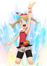 Rule 34 | 1girl, :d, armpits, arms up, bag, bare shoulders, bikini, bikini top only, blue eyes, blush, breasts, creatures (company), game freak, hairband, highres, light brown hair, looking at viewer, may (pokemon), may (pokemon oras), nintendo, nyonn24, open mouth, pokemon, pokemon oras, short hair, shorts, simple background, small breasts, smile, solo, swimsuit, tank top, teeth, white background