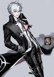 Rule 34 | 1boy, absurdres, black coat, black pants, blue eyes, charles-henri sanson (fate), coat, collar, collared shirt, fate/grand order, fate (series), hair between eyes, highres, jacket, koshika rina, long sleeves, looking at viewer, male focus, necktie, open mouth, pants, red necktie, shirt, short hair, smile, solo, white hair, white shirt