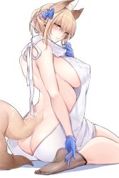 Rule 34 | 1girl, animal ear fluff, animal ears, ass, backless outfit, black socks, blonde hair, blue bow, blue gloves, blush, bow, breasts, butt crack, closed mouth, commentary request, covered erect nipples, fox ears, fox girl, fox tail, gloves, hair bow, has bad revision, highres, large breasts, looking at viewer, meme attire, naked sweater, original, revision, see-through, sideboob, sidelocks, sitting, socks, soles, solo, sweater, tail, virgin killer sweater, white sweater, yellow eyes, yukibuster z