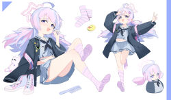 Rule 34 | 1girl, absurdres, ahoge, ass, backpack, bag, black jacket, black neckerchief, blue archive, blush, comb, double bun, feet, foreshortening, grey serafuku, grey skirt, hair bun, hair ornament, halo, highres, jacket, legs, long hair, long sleeves, meng ge 3 (565571710), multicolored hair, multiple views, navel, neckerchief, no shoes, open clothes, open jacket, open mouth, pink hair, pink halo, pink socks, pleated skirt, purple hair, reisa (blue archive), sailor collar, school uniform, serafuku, shoes, skirt, smile, socks, soles, star (symbol), star hair ornament, striped clothes, striped socks, toes, twintails, unworn shoes, white sailor collar