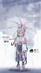 Rule 34 | 1girl, absurdres, animal ear headphones, animal ears, blonde hair, blue archive, cat tail, cellphone, dsfr, fake animal ears, fake tail, full body, halo, headphones, highres, holding, holding umbrella, hood, hood up, hooded coat, layered clothes, looking at viewer, momoi (blue archive), outdoors, phone, pink eyes, pink halo, pocket, rain, short hair, smartphone, solo, standing, tail, temperature, transparent raincoat, umbrella