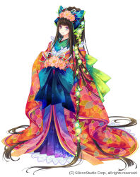 Rule 34 | 1girl, absurdly long hair, animal print, aqua eyes, blue bow, blue eyes, blue flower, blunt bangs, bow, braid, butterfly print, camellia print, cherry blossoms, commentary request, copyright notice, floral print, flower, flower braid, full body, green kimono, gyakushuu no fantasica, hair bow, hair flower, hair ornament, hakama, hand up, japanese clothes, kikumon, kimono, lace trim, layered clothes, layered kimono, leaf, light blush, long hair, looking at viewer, multicolored eyes, nishiwaki yuuri, obi, official art, orange kimono, parted lips, pink eyes, pink flower, purple hakama, sash, side braid, sidelocks, simple background, sleeves past fingers, sleeves past wrists, smile, solo, standing, very long hair, white background, wide ponytail