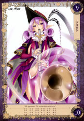 Rule 34 | 1girl, breasts, cape, cle masahiro, cleavage, curly hair, despina (queen&#039;s blade), female focus, hat, highres, instrument, large breasts, long hair, long sleeves, looking at viewer, non-web source, pointy ears, purple eyes, purple hair, queen&#039;s blade, queen&#039;s blade grimoire, revealing clothes, simple background, solo, white background