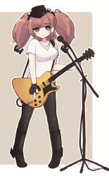 Rule 34 | 1girl, alternate costume, anchor hair ornament, atlanta (kancolle), black footwear, black hat, black pants, boots, breasts, brown hair, earrings, electric guitar, full body, garrison cap, grey eyes, guitar, hair ornament, hat, highres, holding, holding instrument, instrument, jewelry, kantai collection, large breasts, long hair, microphone stand, pants, purple background, shirt, short sleeves, simoyuki, simple background, solo, star (symbol), star earrings, t-shirt, two side up, white shirt