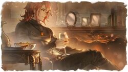 Rule 34 | 1boy, cup, drinking glass, granblue fantasy, granblue fantasy versus: rising, official art, percival (granblue fantasy), red eyes, red hair, solo, wine glass