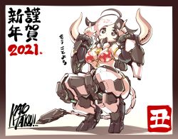 Rule 34 | 1girl, 2021, :o, ahoge, bikini, bikini top only, black eyes, black hair, breasts, chinese zodiac, happy new year, highres, horns, horns pose, ishiyumi, looking at viewer, mecha musume, mechanical tail, medium breasts, multicolored hair, new year, open mouth, original, red bikini, solo, squatting, swimsuit, tail, two-tone hair, white hair, year of the ox