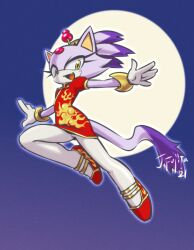 Rule 34 | 1girl, animal ears, blaze the cat, cat ears, cat girl, cat tail, chinese clothes, dress, fang, flame print, forehead jewel, full moon, furry, furry female, gloves, hair ornament, j-fujita, jewelry, moon, open mouth, ponytail, purple fur, red dress, red footwear, sonic (series), tail, white gloves, yellow eyes