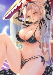 Rule 34 | 1girl, arms up, bad id, bad twitter id, beach towel, beach umbrella, bikini, blonde hair, blue sky, bracelet, breasts, carmilla (fate), carmilla (swimsuit rider) (fate), carmilla (swimsuit rider) (third ascension) (fate), cleavage, cloud, cloudy sky, commentary request, day, earrings, eyewear on head, fate/grand order, fate (series), fingernails, gold trim, highres, jewelry, large breasts, long hair, looking at viewer, lotion bottle, low-tied long hair, nail polish, navel, open mouth, outdoors, see-through, shiny skin, side-tie bikini bottom, simple background, sitting, sky, solo, stomach, sunglasses, sweat, sweatdrop, swimsuit, thighs, towel, toyoman, umbrella, water, yellow eyes