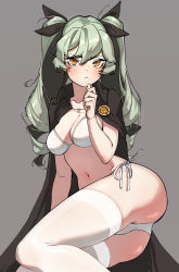 Rule 34 | 1girl, absolutemabbak, anchovy (girls und panzer), anzio (emblem), ass, bikini, black cape, black ribbon, blush, breasts, cape, cleavage, closed mouth, commentary, drill hair, emblem, girls und panzer, green hair, grey background, hair ribbon, hand on own chin, highres, legs, light frown, long hair, looking at viewer, lying, medium breasts, navel, on side, orange eyes, ribbon, side-tie bikini bottom, solo, swimsuit, thighhighs, twin drills, twintails, white bikini, white thighhighs
