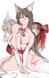 Rule 34 | 1girl, absurdres, ahoge, alternate costume, amagi (azur lane), animal ear fluff, animal ears, arm behind back, azur lane, ball, bell, between breasts, black nails, blush, bow, breasts, bridal gauntlets, brown hair, cleavage, closed mouth, double-parted bangs, earrings, fang, feet out of frame, fox ears, fox girl, fox tail, gloves, hair between eyes, highres, jewelry, large breasts, large tail, leg tattoo, long hair, looking at viewer, madaeng, mole, mole on breast, mole on thigh, nail polish, neck bell, one-piece swimsuit, pubic tattoo, red bow, red one-piece swimsuit, red slingshot swimsuit, revealing clothes, simple background, sitting, slingshot swimsuit, solo, spread legs, swimsuit, tail, tattoo, thighhighs, unfinished, very long hair, white background, white gloves, white thighhighs, yellow eyes