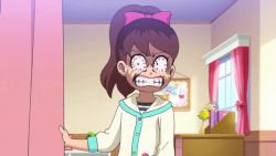 Rule 34 | 1girl, angry, animated, bloodshot eyes, bow, brown hair, child, clenched teeth, curtain grab, curtains, hair bow, high ponytail, indoors, kodama fumika, pink bow, ponytail, screencap, solo, teeth, youkai watch