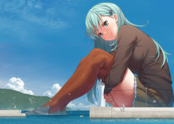 Rule 34 | 2boys, 2girls, admiral (kancolle), aqua hair, arm up, bird, breasts, brown eyes, brown skirt, closed mouth, day, frilled skirt, frills, giant, giantess, hair ornament, hairclip, hat, kantai collection, kuro oolong, large breasts, hugging own legs, lighthouse, long hair, long sleeves, looking at viewer, military, military uniform, multiple boys, multiple girls, nail polish, naval uniform, ocean, outdoors, pier, pleated skirt, seagull, sitting, size difference, skirt, smile, solo focus, suzuya (kancolle), thighhighs, uniform