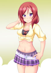Rule 34 | 10s, 1girl, bandeau, belt, blush, breasts, cowboy shot, crop top, female focus, gedoumaru, hand on own hip, hand on own head, looking at viewer, love live!, love live! school idol festival, love live! school idol project, midriff, miniskirt, navel, nishikino maki, open mouth, pleated skirt, purple eyes, red hair, shirt, short hair, short sleeves, skirt, small breasts, smile, solo, tied shirt