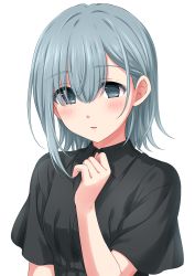 Rule 34 | 1girl, absurdres, blue eyes, blue hair, bob cut, copyright request, empty eyes, hand up, highres, looking at viewer, medium hair, parted lips, sekina, short sleeves, simple background, solo, white background