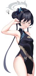 Rule 34 | 1girl, absurdres, arm up, armpits, bare arms, bare shoulders, black dress, black hair, blue archive, breasts, butterfly hair ornament, china dress, chinese clothes, closed eyes, cowboy shot, dragon print, dress, fang, hair bun, hair ornament, halo, highres, kisaki (blue archive), long hair, no jacket, no panties, open mouth, pelvic curtain, penguin uwu, print dress, short dress, single side bun, sleeveless, sleeveless dress, small breasts, solo, squiggle, thighs, twintails, v-shaped eyebrows, very long hair