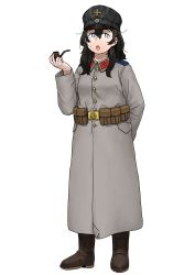 Rule 34 | 1girl, absurdres, anyan (jooho), arm behind back, belt, belt pouch, black hair, black hat, blue eyes, boots, brown footwear, buttons, coat, cross, full body, grey coat, hat, highres, holding, iron cross, long hair, long sleeves, military, military uniform, open mouth, original, peaked cap, pouch, simple background, smoking pipe, solo, standing, teeth, uniform, white background, world war i