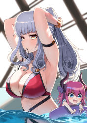 Rule 34 | 2girls, :d, absurdres, arm strap, armpits, arms up, ayul (ayulneri 92), bikini, blue eyes, blurry, bracelet, breasts, carmilla (fate), carmilla (summertime mistress) (fate), carmilla (swimsuit rider) (fate), chibi, cleavage, commentary request, curly hair, elizabeth bathory (fate), elizabeth bathory (fate/extra ccc), fate/extra, fate/extra ccc, fate/grand order, fate (series), hair tie in mouth, highres, horns, innertube, jewelry, large breasts, long hair, looking at viewer, mouth hold, multiple girls, open mouth, partially submerged, pink hair, pool, red bikini, silver hair, smile, swim ring, swimsuit, water, yellow eyes
