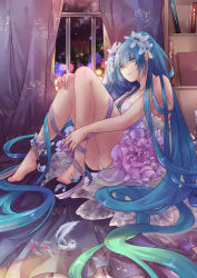 Rule 34 | 10s, 1girl, 2015, absurdres, artist request, bad id, bad pixiv id, blue eyes, blue hair, book, bookshelf, breasts, cityscape, colored eyelashes, curtains, dress, frills, hatsune miku, highres, long hair, matching hair/eyes, panties, ruo hua, solo, underwear, very long hair, vocaloid, window