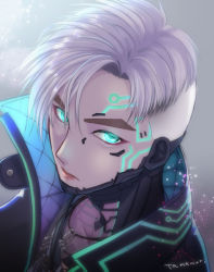 Rule 34 | 1boy, animification, apex legends, aqua eyes, black jacket, collarbone, crypto (apex legends), cyborg, expressionless, from above, glowing, glowing eyes, grey background, grey hair, jacket, jewelry, looking up, m tamamori, male focus, necklace, parted hair, solo, undercut