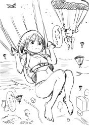 Rule 34 | 1boy, 1girl, absurdres, aircraft, airplane, backpack, bag, closed mouth, copyright request, eyebrows, falling, feet, frown, gameplay mechanics, greyscale, highres, monochrome, nakahara kaihei, ocean, parachute, playerunknown&#039;s battlegrounds, shirt, short hair, shorts, sketch, sweat, translated, wavy mouth