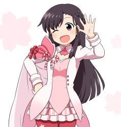Rule 34 | 1girl, ;d, black hair, braid, brown eyes, cape, chiyoda sakura, commentary request, cowboy shot, crown braid, hand on own hip, hand up, highres, jacket, long hair, long sleeves, machikado mazoku, magical girl, one eye closed, open mouth, shirosato, simple background, smile, solo, waving, white background, white jacket