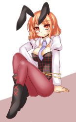 Rule 34 | 1girl, aisa (micuma), animal ears, black footwear, blazer, blush, boots, breasts, rabbit ears, high heel boots, high heels, highres, horikawa raiko, jacket, large breasts, necktie, open jacket, open clothes, open jacket, pantyhose, playboy bunny, red eyes, red hair, sitting, smile, solo, touhou