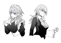 Rule 34 | 1girl, blue eyes, butler, byleth (female) (fire emblem), byleth (fire emblem), closed mouth, clovisxvii, female butler, fire emblem, fire emblem: three houses, glasses, green eyes, greyscale, hair ribbon, highres, long sleeves, maid, maid headdress, medium hair, monochrome, nintendo, parted lips, ribbon, simple background, spot color, towel, upper body, white background